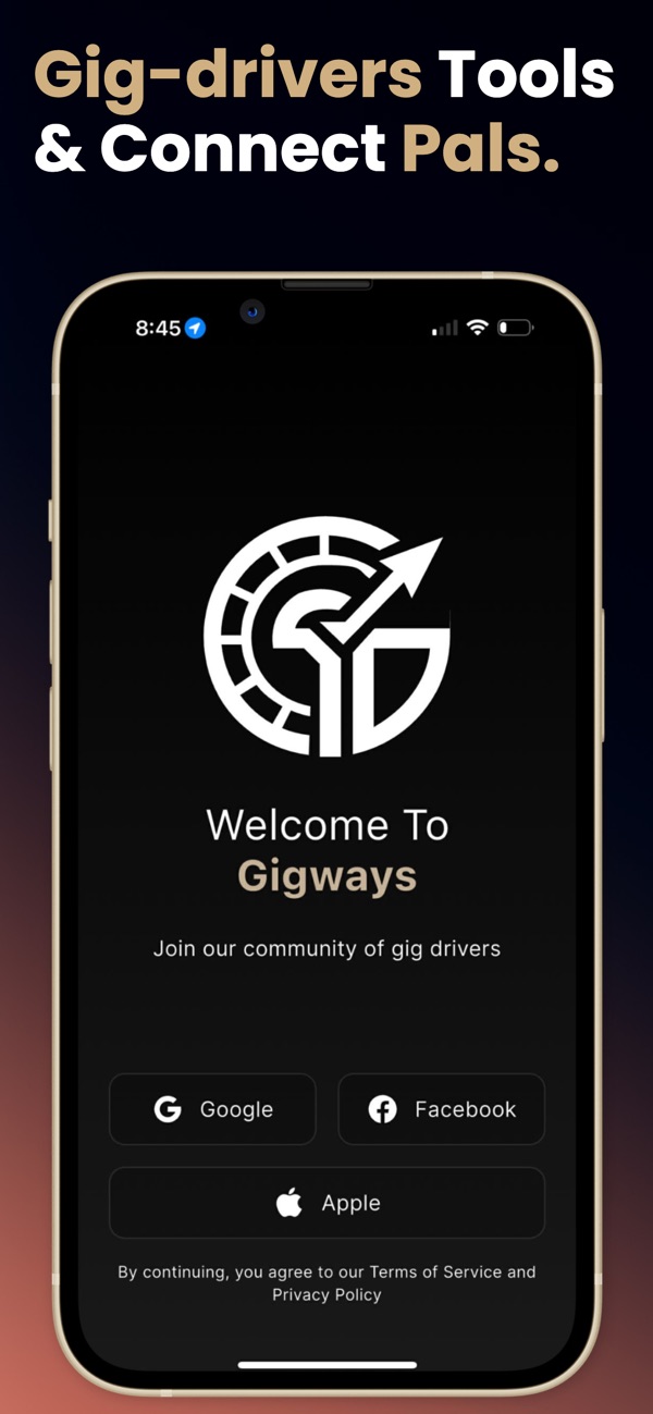 Gigways app screenshot showing the driver dashboard for mileage, trips, and earnings